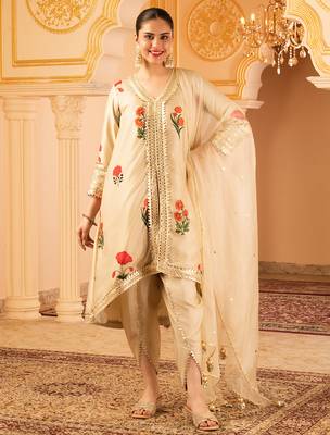 Beige a-shape tusser silk suit set 2