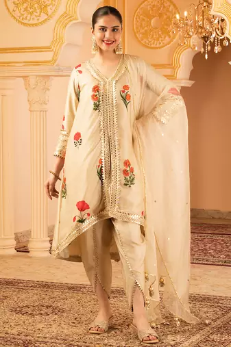 Beige a-shape tusser silk suit set