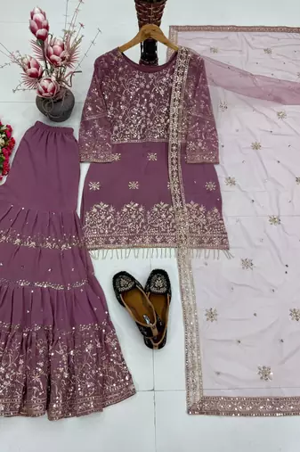 Lavender faux georgette embroidered sharara set