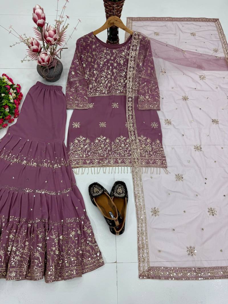 Lavender faux georgette embroidered sharara set