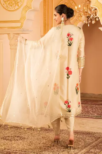 Beige a-shape tusser silk suit set
