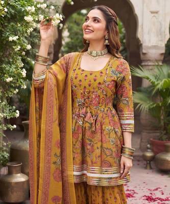 Mustard floral printed cotton kurta set 5