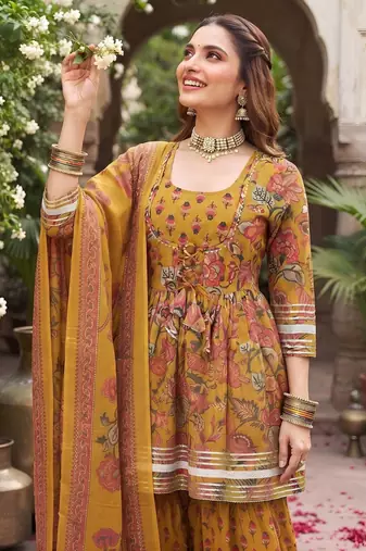 Mustard floral printed cotton kurta set