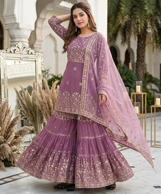 Lavender faux georgette embroidered sharara set 3