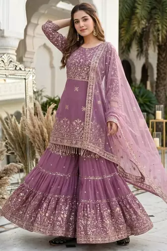 Lavender faux georgette embroidered sharara set
