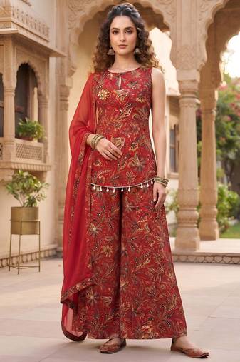 Red floral printed cotton kurta set