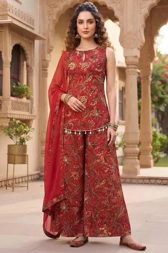 Red floral printed cotton kurta set