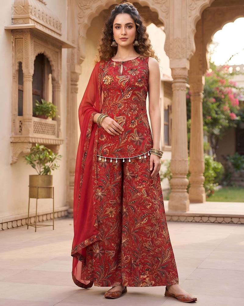 Red floral printed cotton kurta set