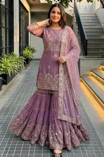 Lavender faux georgette embroidered sharara set