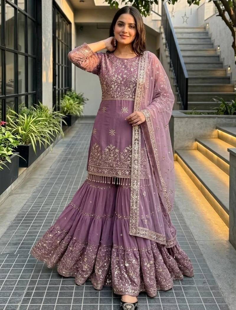 Lavender faux georgette embroidered sharara set