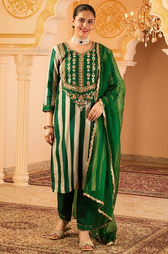 Dark green tusser silk 3 piece suit set