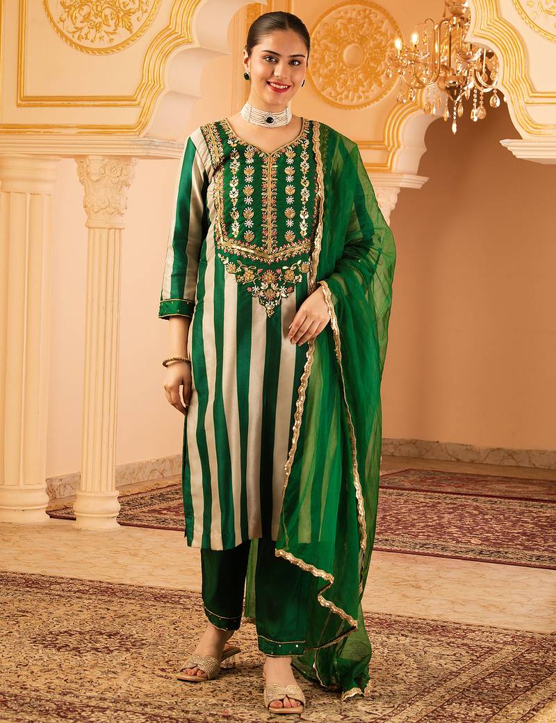 Dark green tusser silk 3 piece suit set