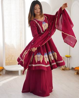 Maroon silk blend embroidered palazzo set 2