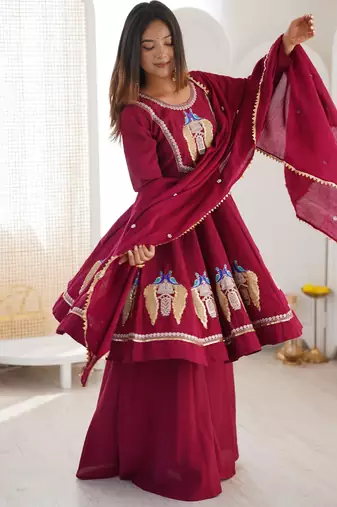Maroon silk blend embroidered palazzo set