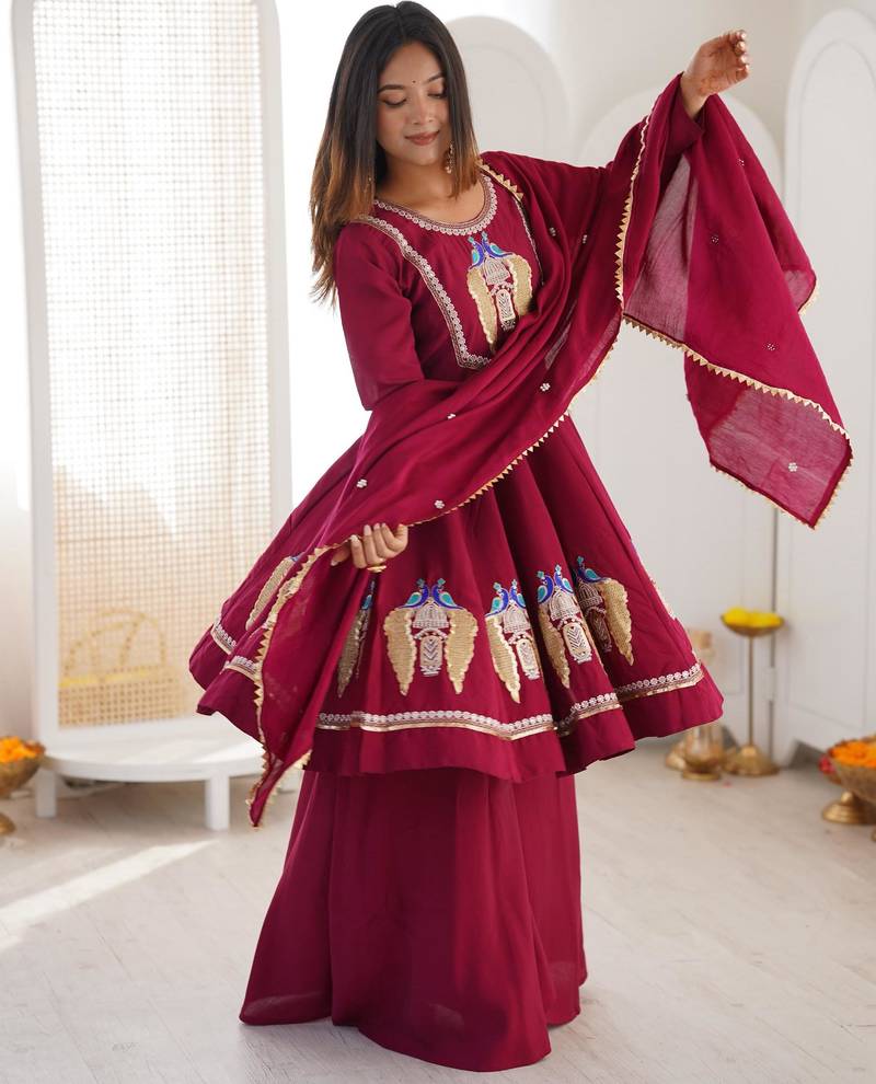 Maroon silk blend embroidered palazzo set