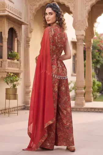 Red floral printed cotton kurta set