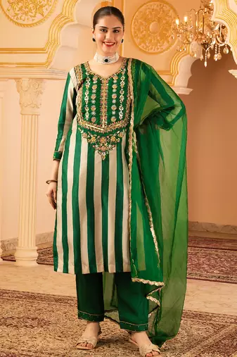 Dark green tusser silk 3 piece suit set