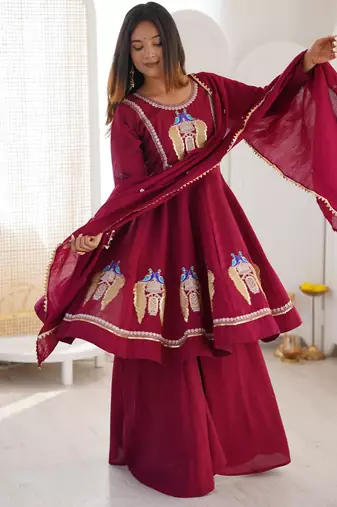 Maroon silk blend embroidered palazzo set