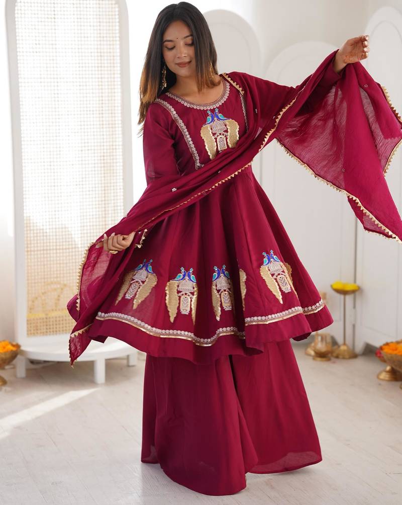 Maroon silk blend embroidered palazzo set