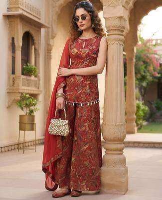 Red floral printed cotton kurta set 3