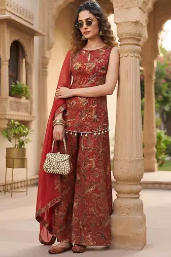 Red floral printed cotton kurta set