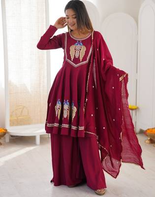 Maroon silk blend embroidered palazzo set 1
