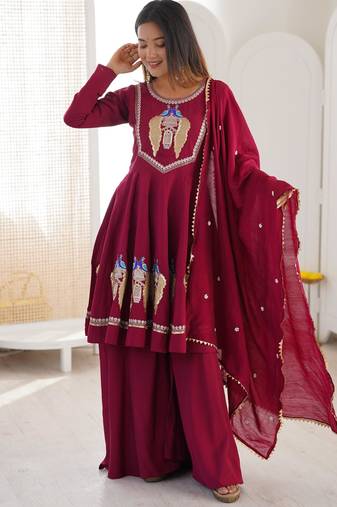 Maroon silk blend embroidered palazzo set