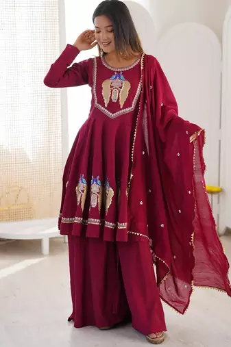 Maroon silk blend embroidered palazzo set
