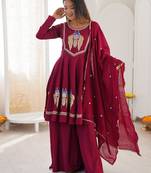 Maroon silk blend embroidered palazzo set
