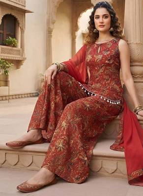 Red floral printed cotton kurta set 4