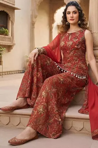 Red floral printed cotton kurta set