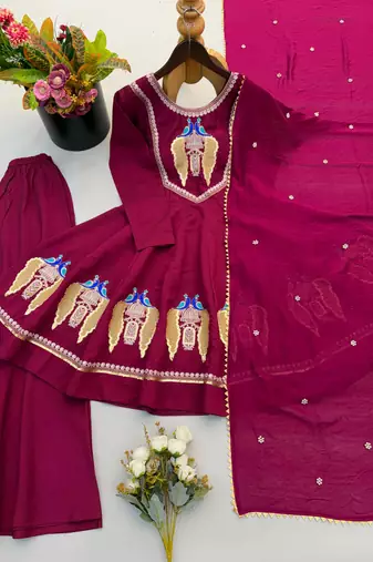Maroon silk blend embroidered palazzo set