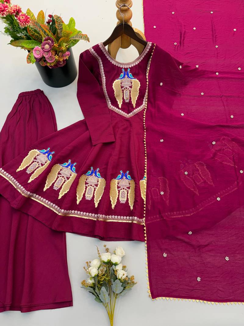 Maroon silk blend embroidered palazzo set