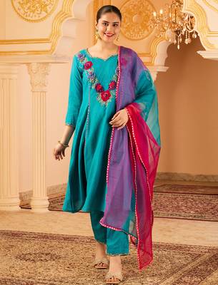Blue hand embroidered a-line mul chanderi  suit set 1