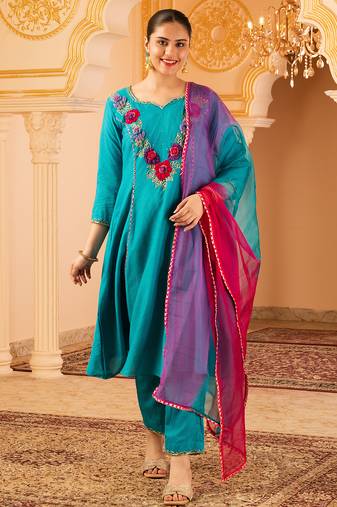 Blue hand embroidered a-line mul chanderi  suit set