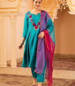 Blue hand embroidered a-line mul chanderi  suit set