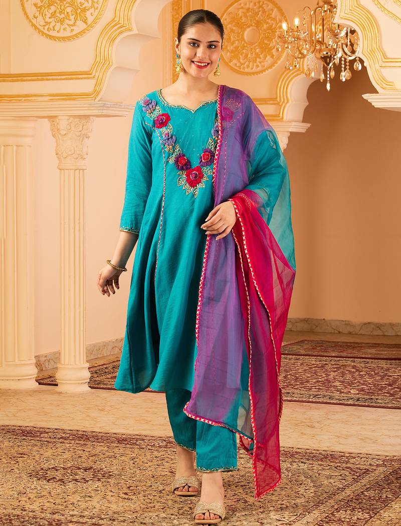 Blue hand embroidered a-line mul chanderi  suit set