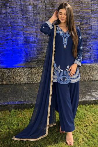 Navy-blue crepe embroidered farshi salwar set