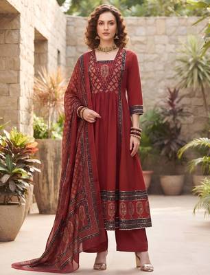 Maroon floral printed cotton kurta set 1