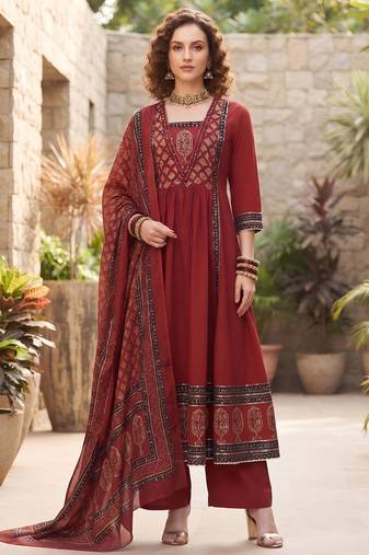 Maroon floral printed cotton kurta set