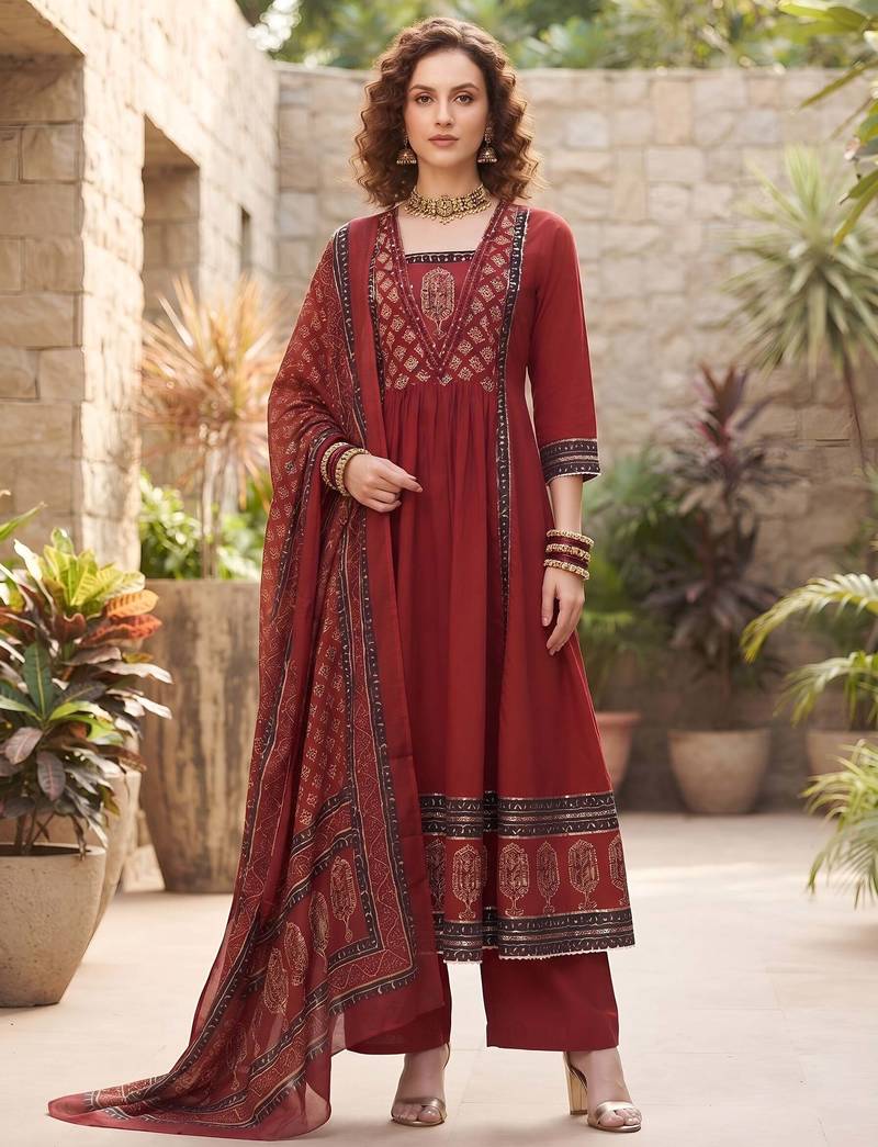 Maroon floral printed cotton kurta set