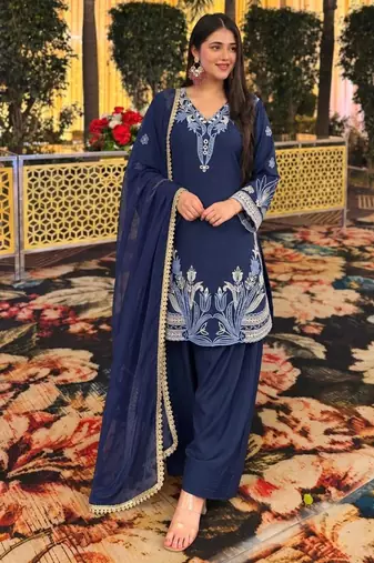 Navy-blue crepe embroidered farshi salwar set