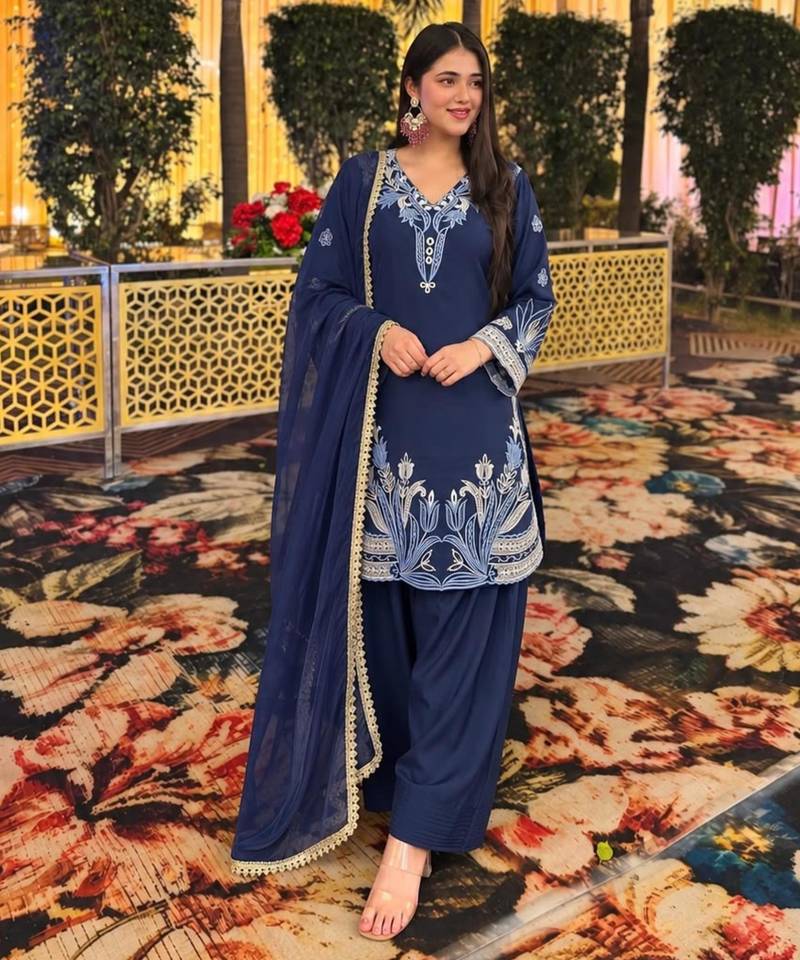 Navy-blue crepe embroidered farshi salwar set