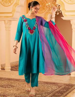 Blue hand embroidered a-line mul chanderi  suit set 2
