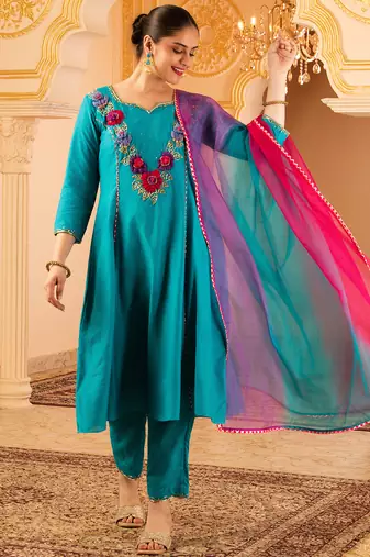 Blue hand embroidered a-line mul chanderi  suit set