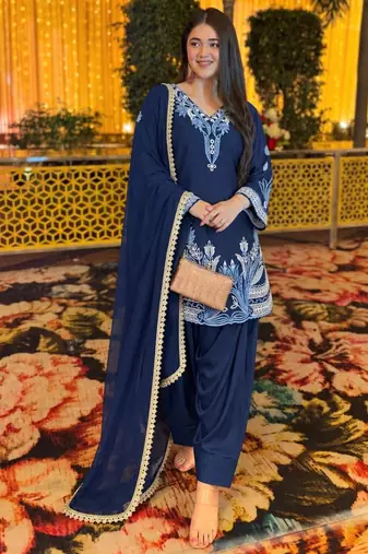 Navy-blue crepe embroidered farshi salwar set