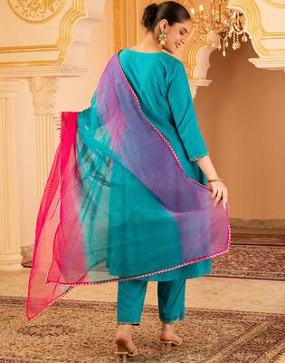 Blue hand embroidered a-line mul chanderi  suit set 3