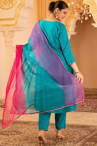 Blue hand embroidered a-line mul chanderi  suit set