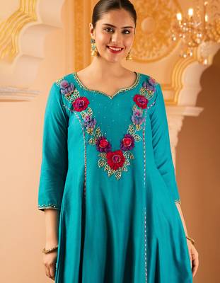 Blue hand embroidered a-line mul chanderi  suit set 4