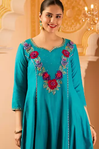 Blue hand embroidered a-line mul chanderi  suit set